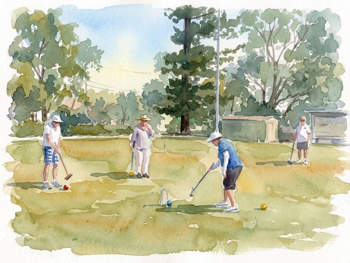 A watercolour of four members playing Golf Croquet under tall trees, coloured balls around a hoop