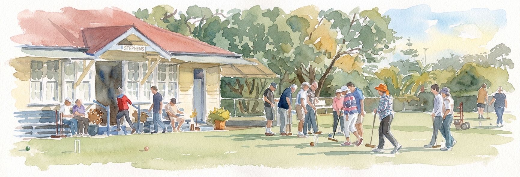 A watercolour of the cream Stephens clubhouse with its red roof, members on the verandah and a crowd of players with mallets on the lawn