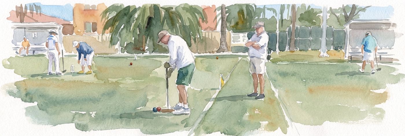 A watercolour of players across two courts divided by a painted line, one player about to hit a blue ball