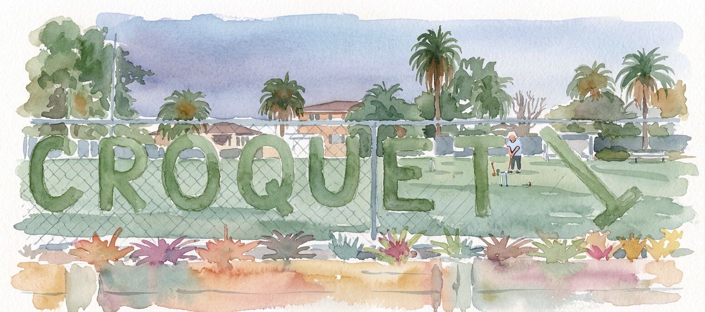 A watercolour of the word CROQUET in green topiary letters on the fence, a player at a hoop on the lawn behind