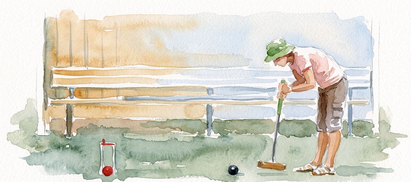 A watercolour of a member in a green sun hat and pink shirt lining up a shot, a red ball in the hoop beside her