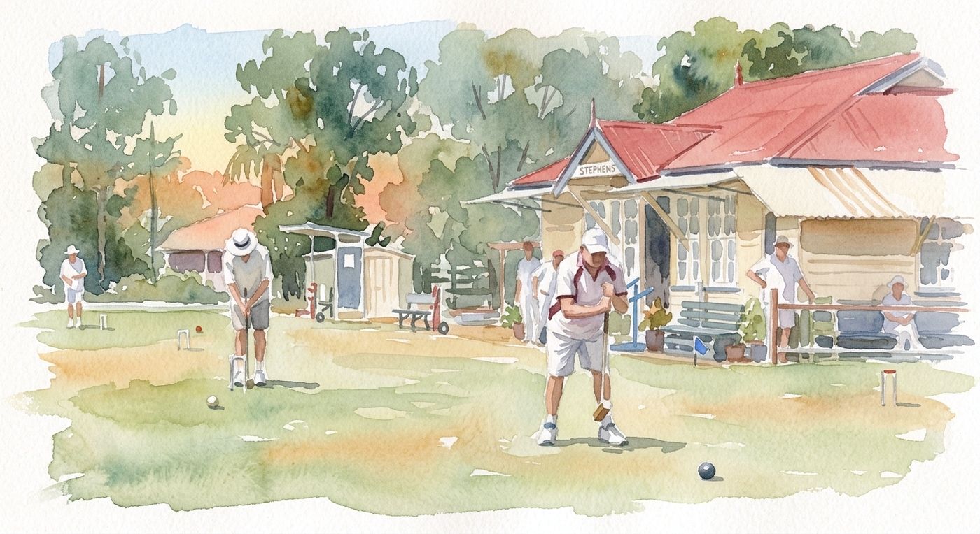 A watercolour of two players in whites taking shots on the lawn, the red-roofed clubhouse behind them